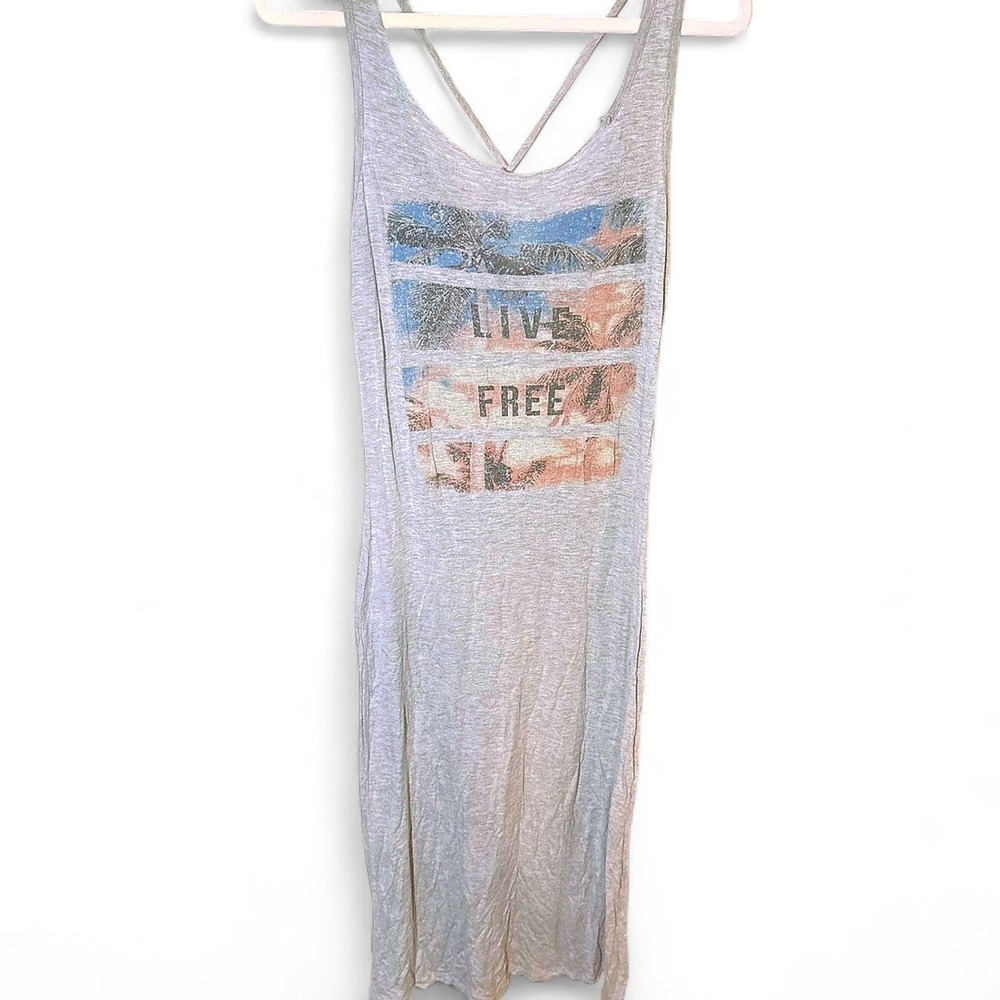 Live Free Tropical Graphic Tank Dress Heather Grey Crisscross Back Summer Midi
